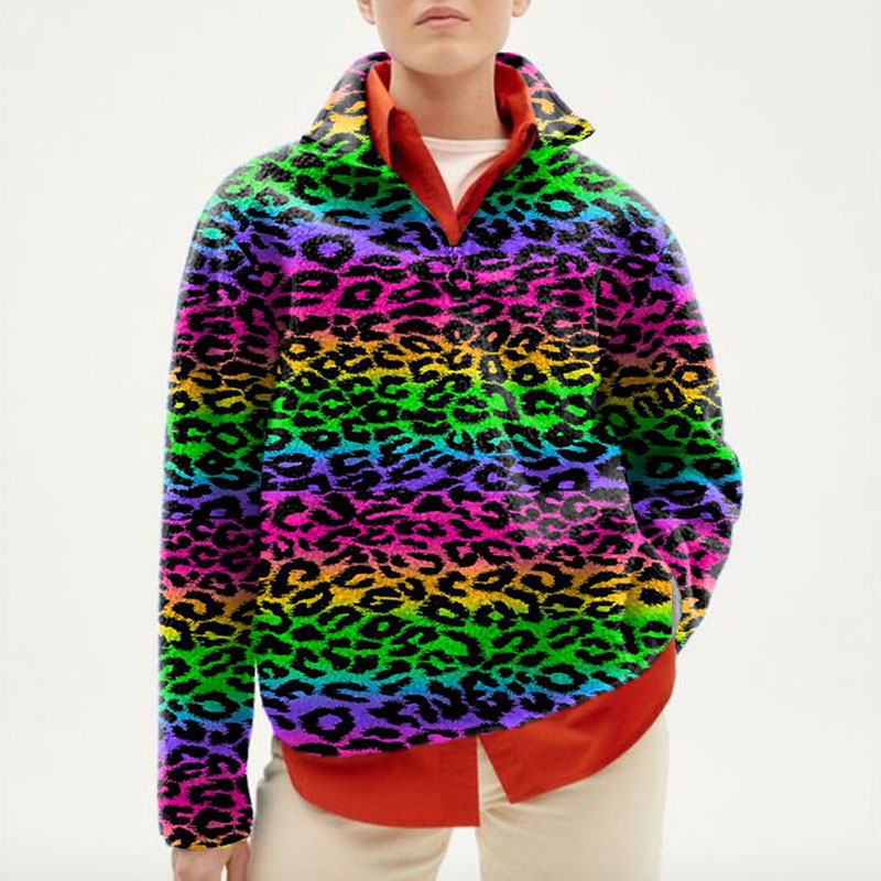 Colorful Leopard Print Half Zip Flannel Sweatshirt