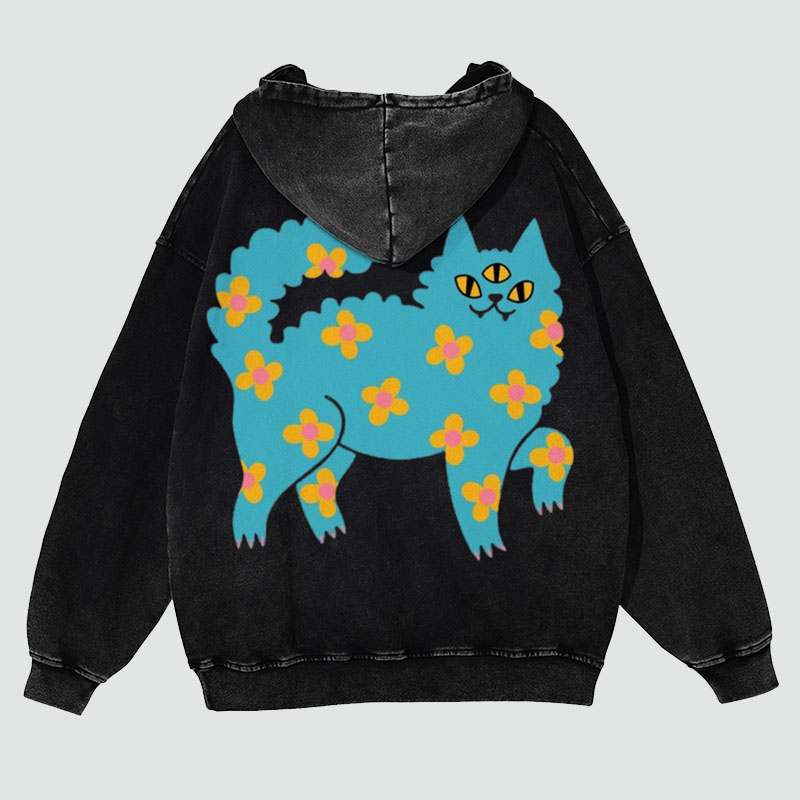 Blue Cat Back Print Casual Washed Hoodie