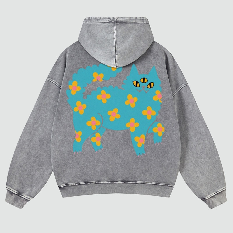 Blue Cat Back Print Casual Washed Hoodie