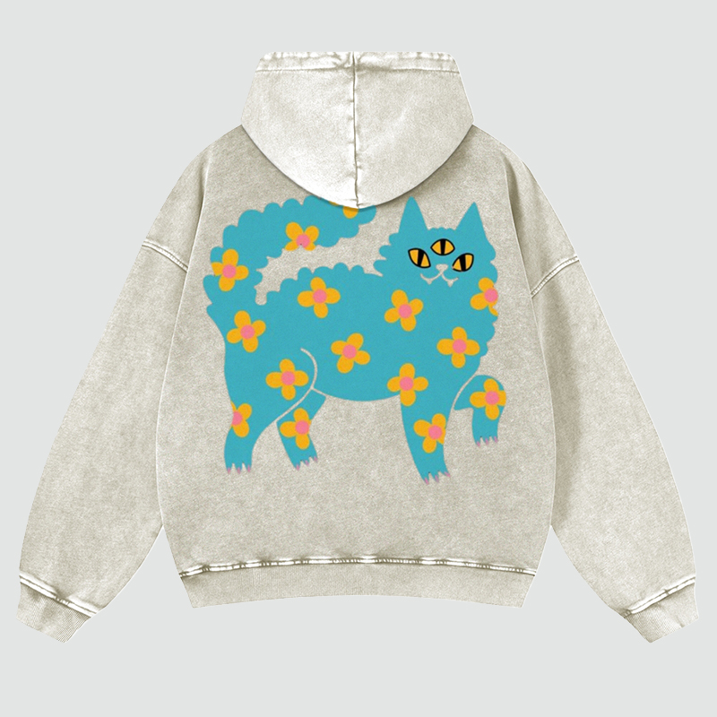 Blue Cat Back Print Casual Washed Hoodie