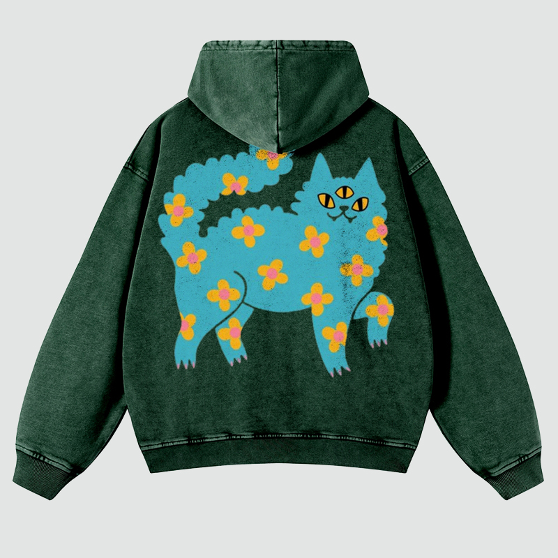 Blue Cat Back Print Casual Washed Hoodie