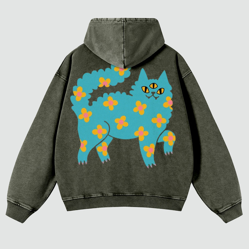 Blue Cat Back Print Casual Washed Hoodie