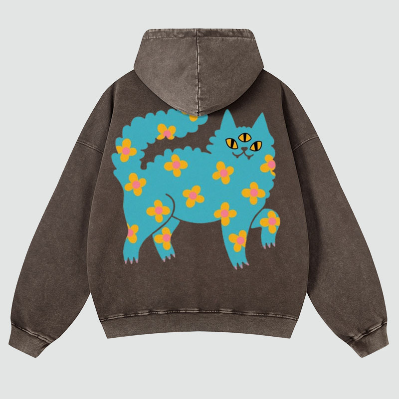 Blue Cat Back Print Casual Washed Hoodie