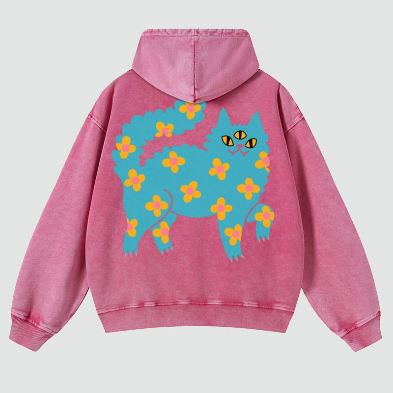 Blue Cat Back Print Casual Washed Hoodie