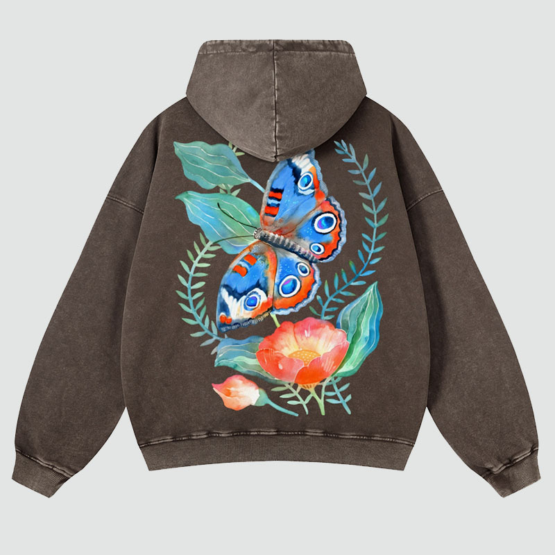 Flying Butterfly Back Print Casual Washed Hoodie