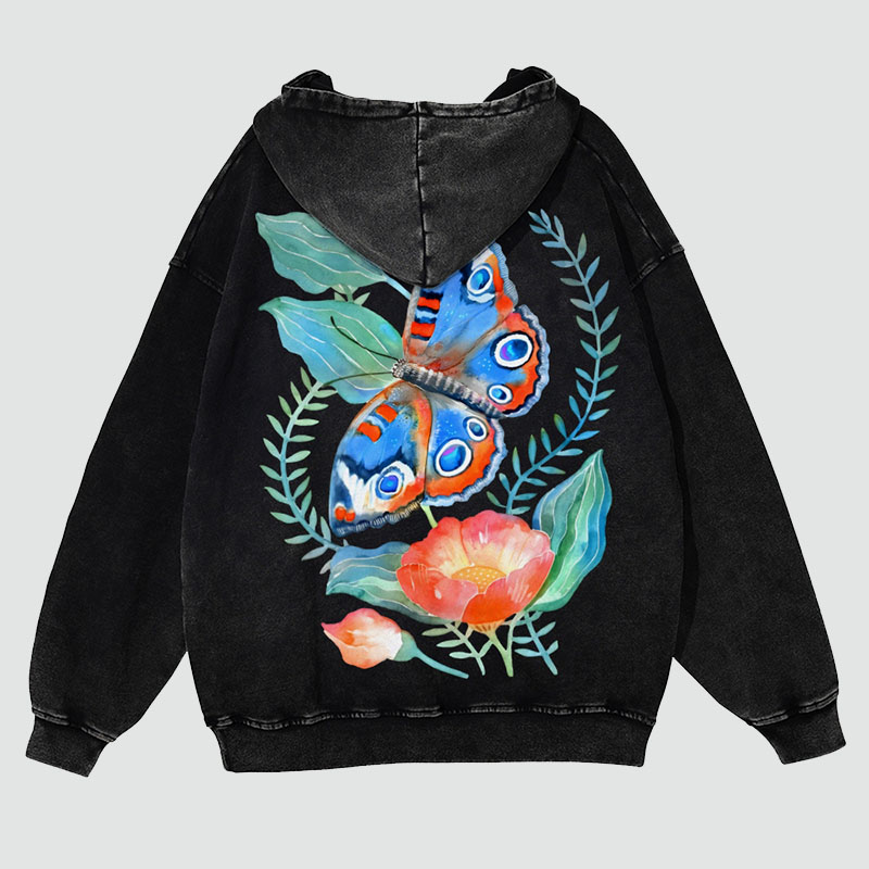 Flying Butterfly Back Print Casual Washed Hoodie