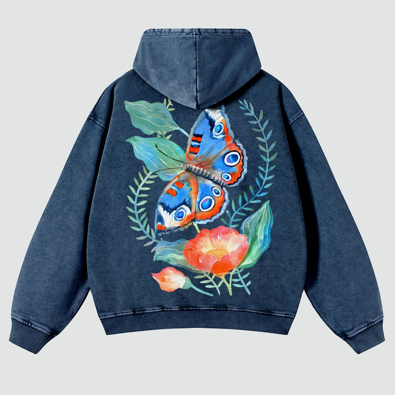 Flying Butterfly Back Print Casual Washed Hoodie