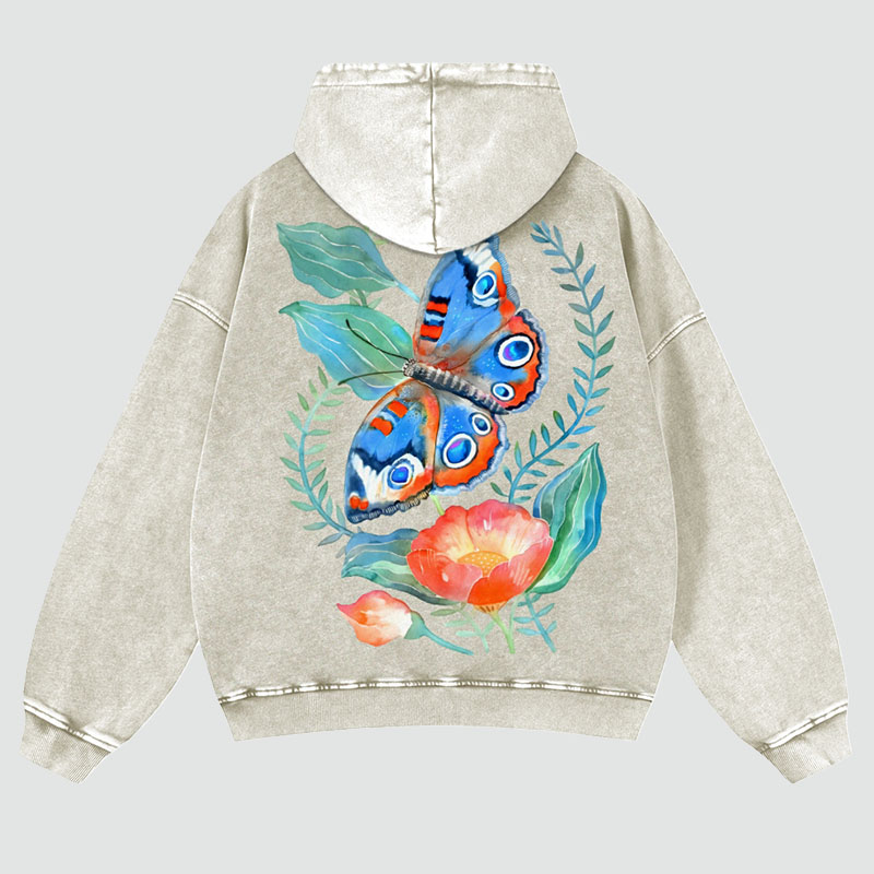 Flying Butterfly Back Print Casual Washed Hoodie