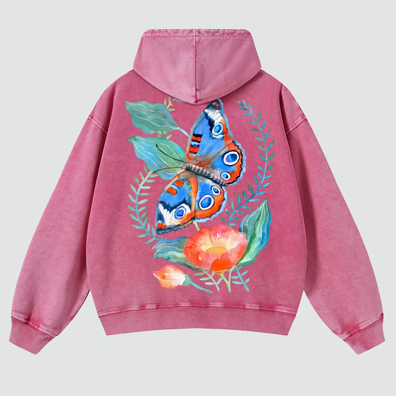 Flying Butterfly Back Print Casual Washed Hoodie