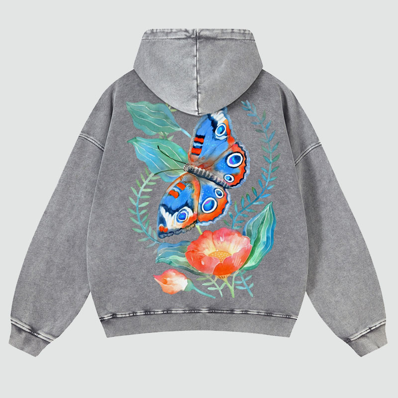 Flying Butterfly Back Print Casual Washed Hoodie