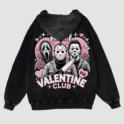 Anti Valentine Club Back Print Casual Washed Hoodie