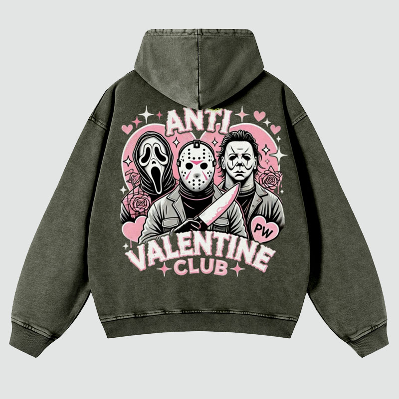 Anti Valentine Club Back Print Casual Washed Hoodie