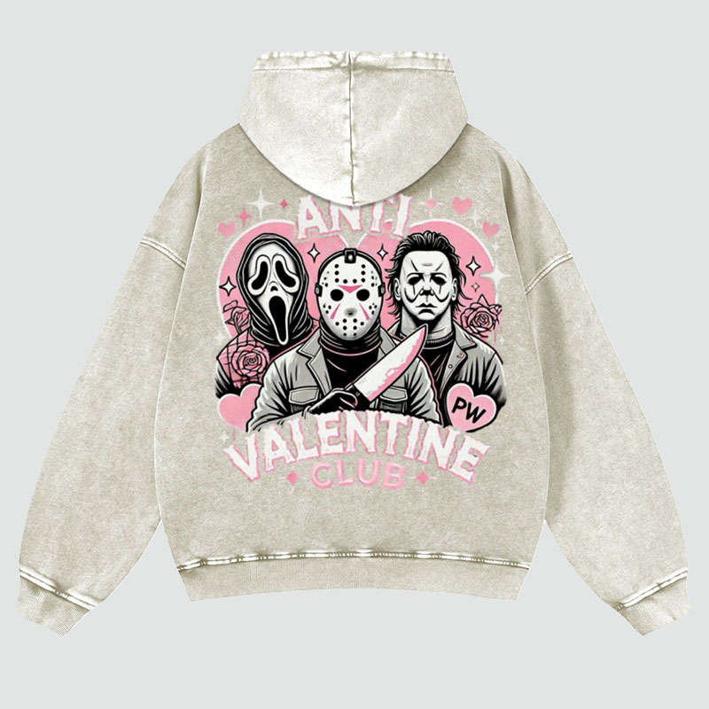 Anti Valentine Club Back Print Casual Washed Hoodie