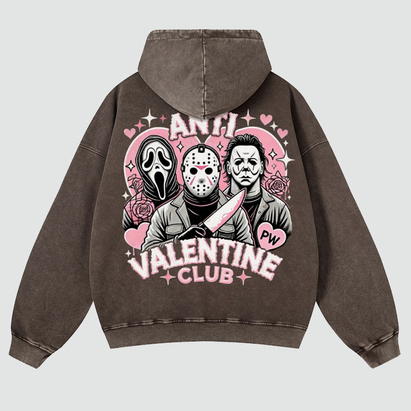 Anti Valentine Club Back Print Casual Washed Hoodie