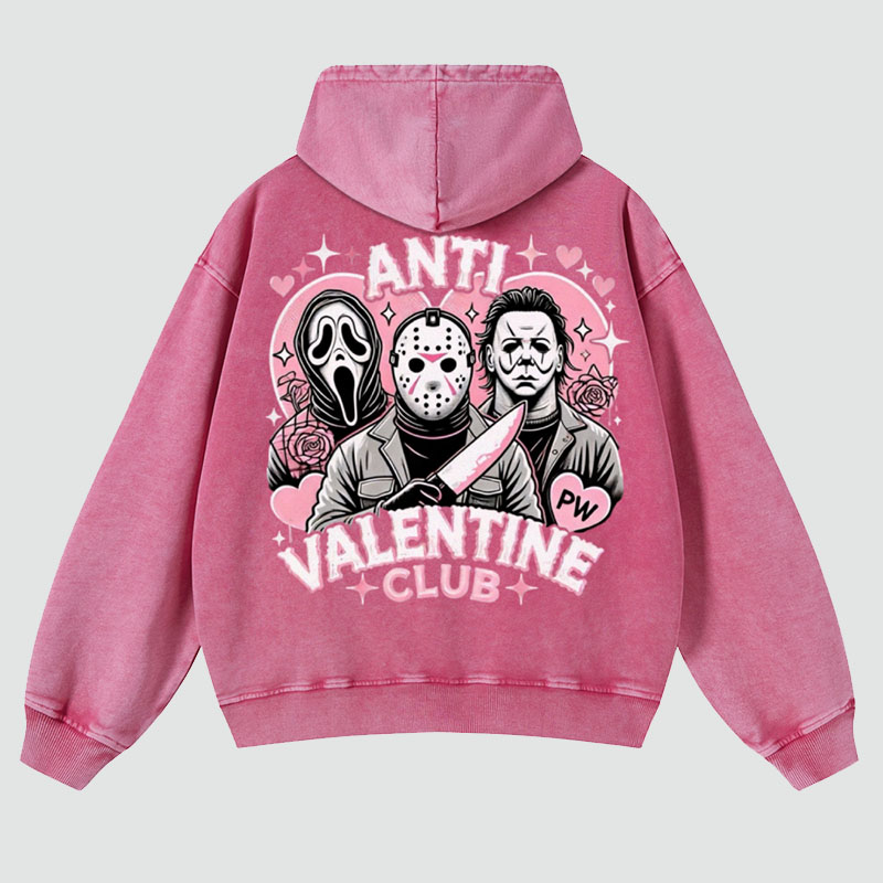 Anti Valentine Club Back Print Casual Washed Hoodie