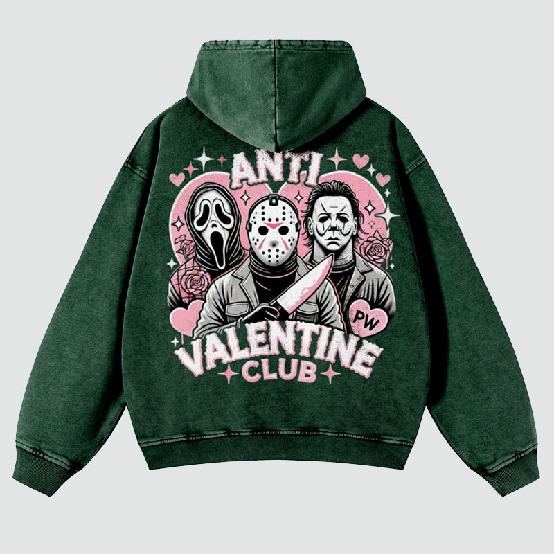 Anti Valentine Club Back Print Casual Washed Hoodie