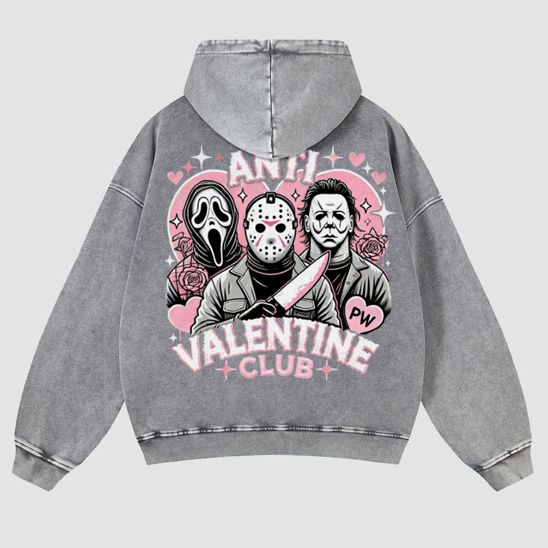 Anti Valentine Club Back Print Casual Washed Hoodie