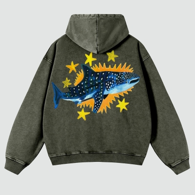 Cute Shark Back Print Casual Washed Hoodie