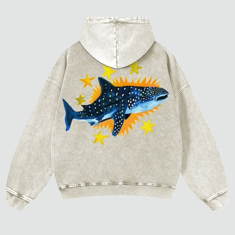 Cute Shark Back Print Casual Washed Hoodie