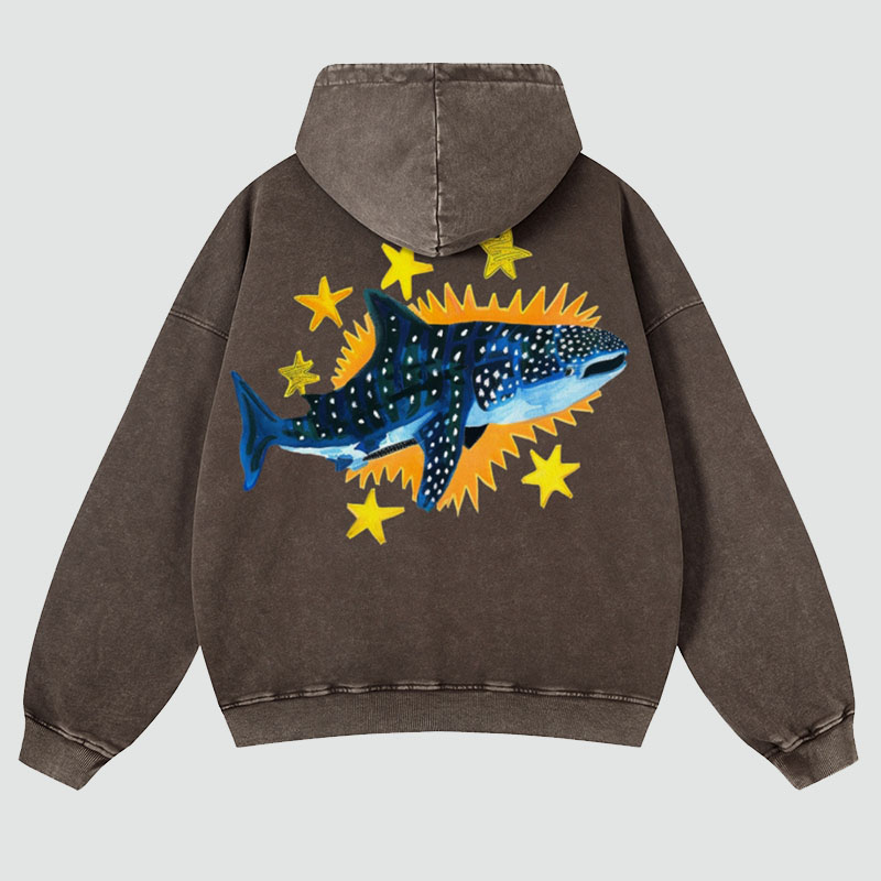 Cute Shark Back Print Casual Washed Hoodie