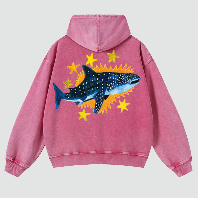 Cute Shark Back Print Casual Washed Hoodie