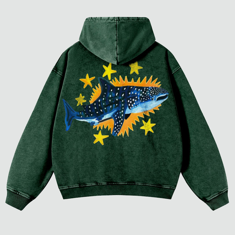 Cute Shark Back Print Casual Washed Hoodie