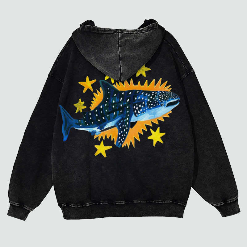 Cute Shark Back Print Casual Washed Hoodie