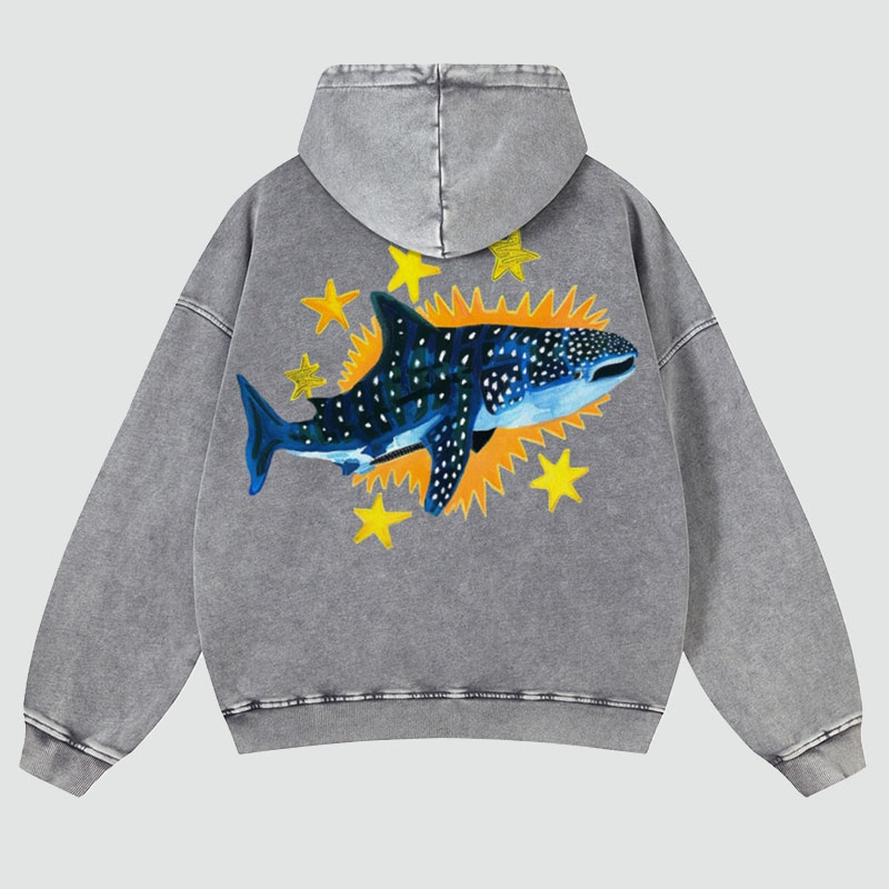 Cute Shark Back Print Casual Washed Hoodie