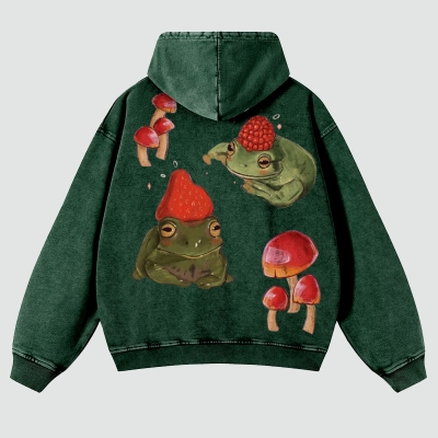 Frog and Mushroom Back Print Casual Washed Hoodie