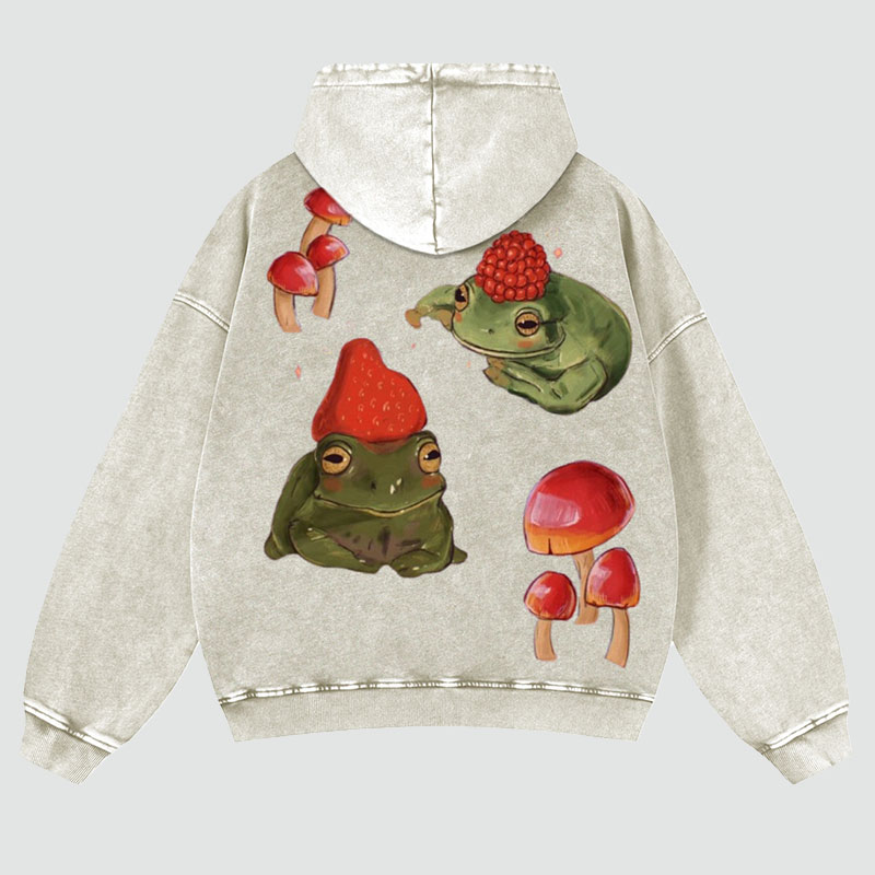 Frog and Mushroom Back Print Casual Washed Hoodie