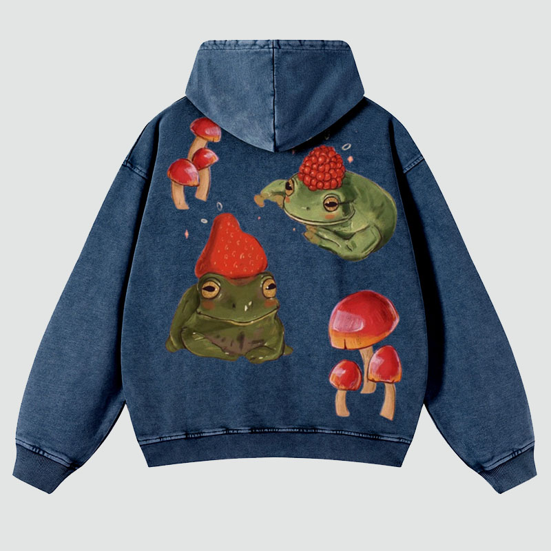 Frog and Mushroom Back Print Casual Washed Hoodie