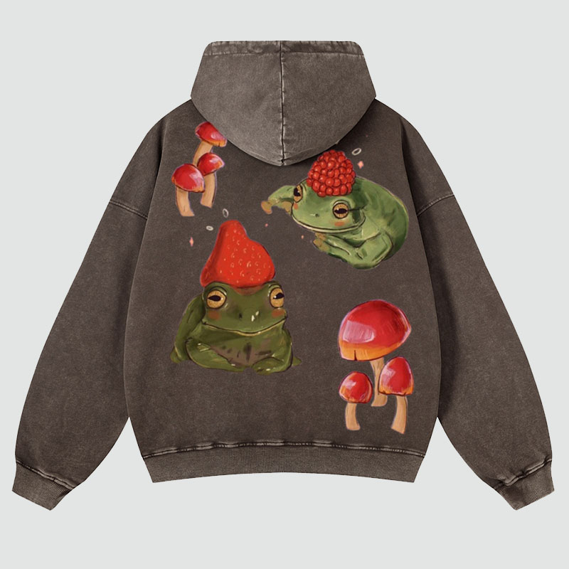 Frog and Mushroom Back Print Casual Washed Hoodie