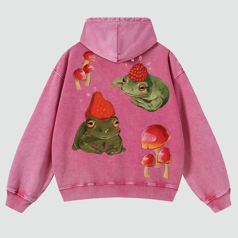 Frog and Mushroom Back Print Casual Washed Hoodie