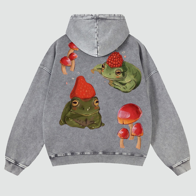 Frog and Mushroom Back Print Casual Washed Hoodie