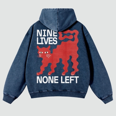 Nine Lives Print Casual Washed Hoodie