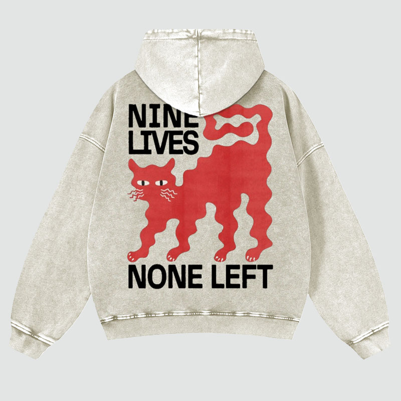 Nine Lives Print Casual Washed Hoodie