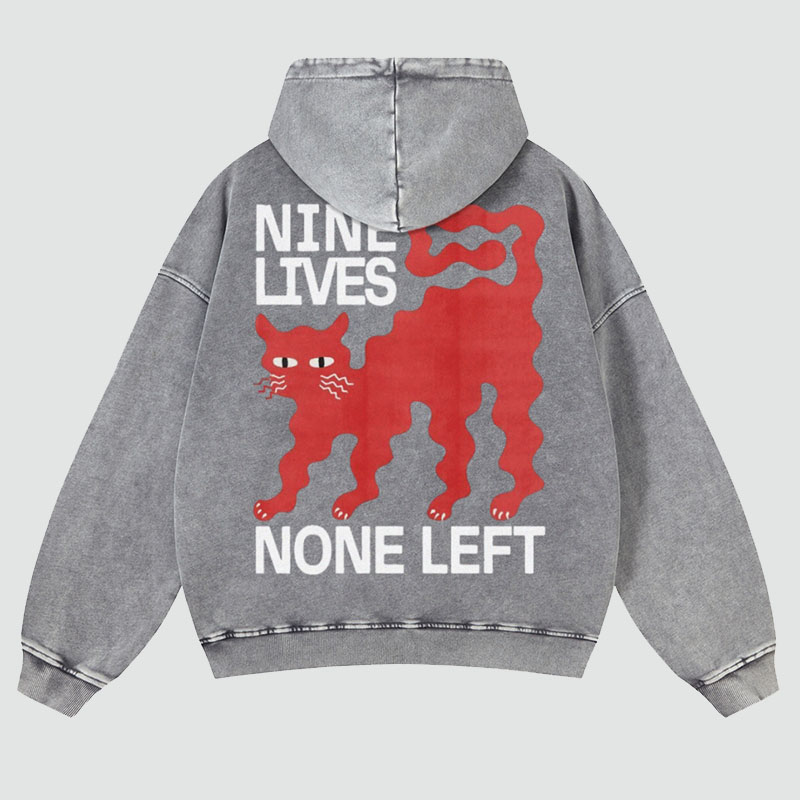 Nine Lives Print Casual Washed Hoodie