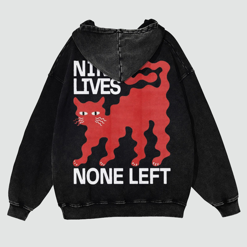 Nine Lives Print Casual Washed Hoodie