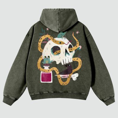 Skeletons And Animals Print Washed Hoodie