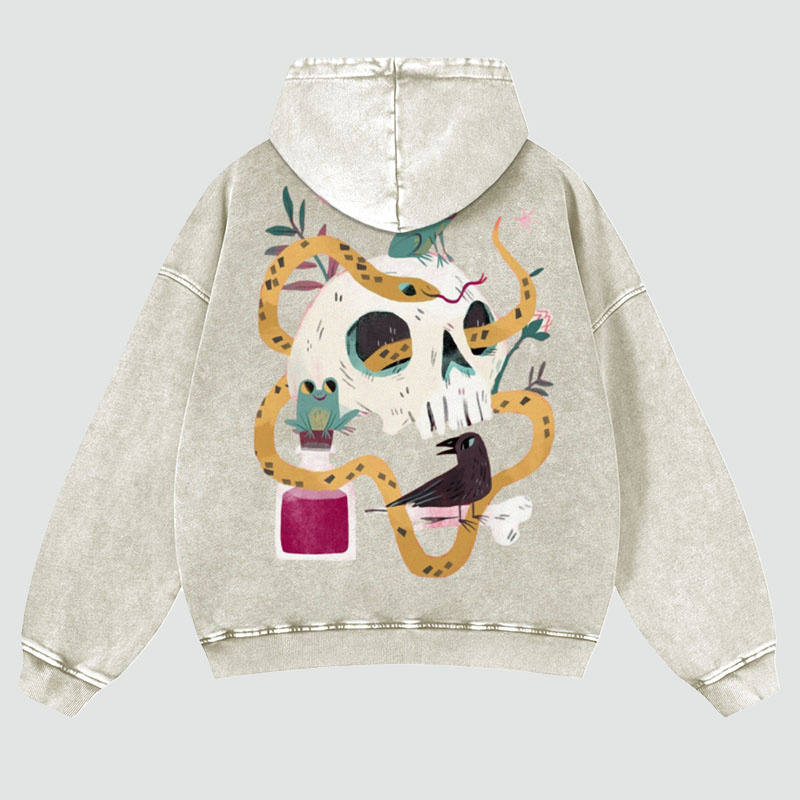 Skeletons And Animals Print Washed Hoodie