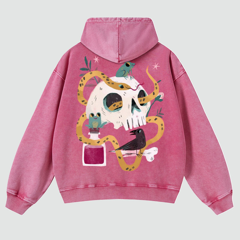 Skeletons And Animals Print Washed Hoodie