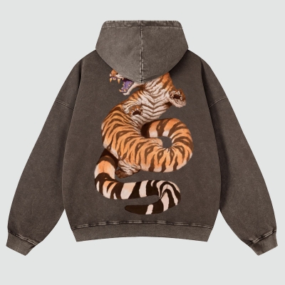 Tiger Snake Print Washed Hoodie