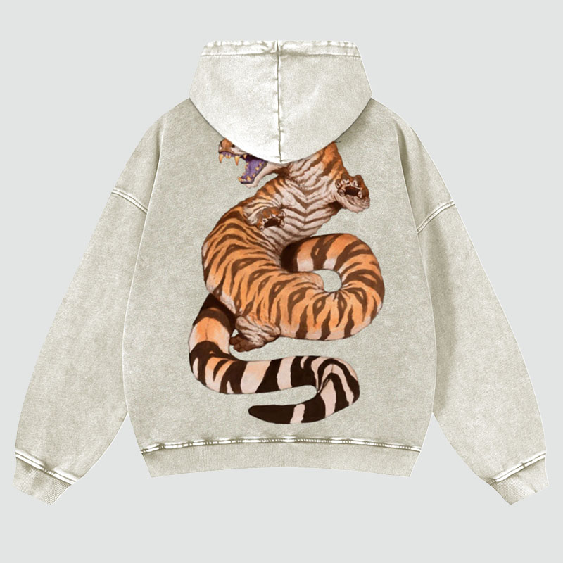 Tiger Snake Print Washed Hoodie