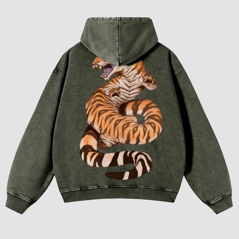 Tiger Snake Print Washed Hoodie