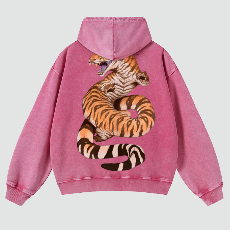 Tiger Snake Print Washed Hoodie