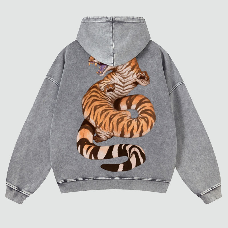 Tiger Snake Print Washed Hoodie