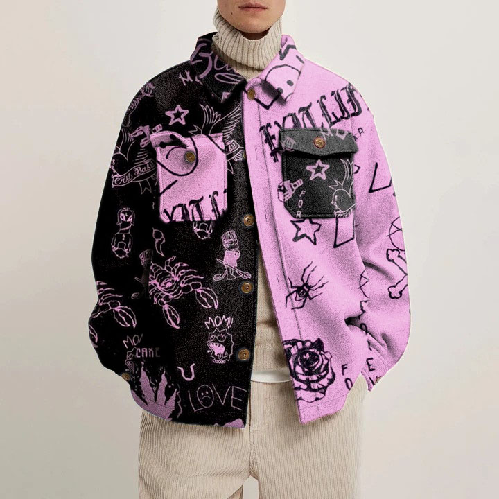 Colorblocked Graffiti Shirt Jacket