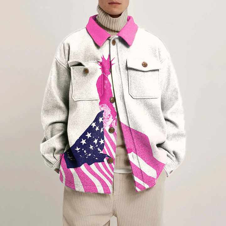 Colorblocked Flag Graffiti Shirt Jacket