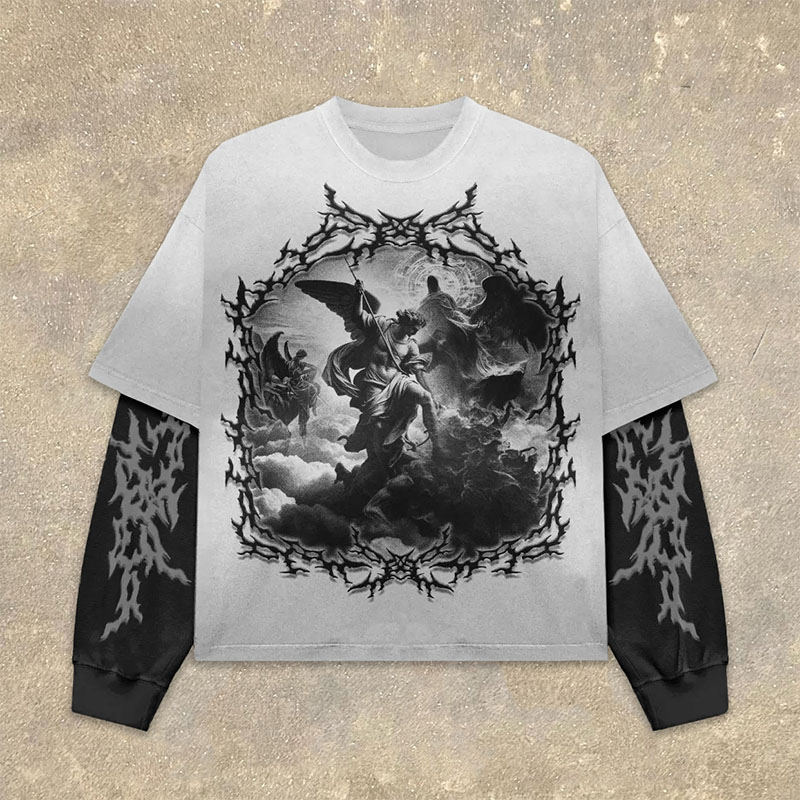 Angel Wing Fake Two Print Long Sleeve T-Shirt