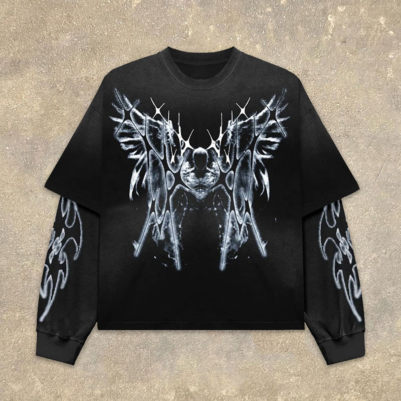 Angel Wing Fake Two Print Long Sleeve T-Shirt